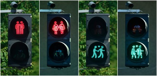 A combination of photos shows gay-themed traffic lights in Vienna