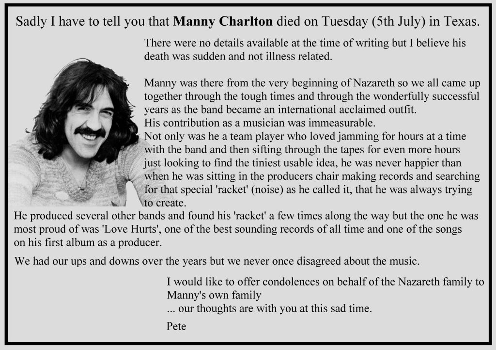 R.I.P. Manny Charlton (Nazareth) (25.07.1941 - 5.07.2022)