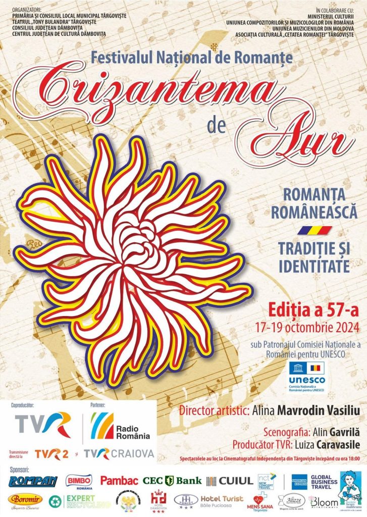 Festivalul Naţional de Interpretare şi Creaţie a Romanţei „Crizantema de Aur”, ediţia a 57-a, are loc la Târgoviște (17-19 octombrie )